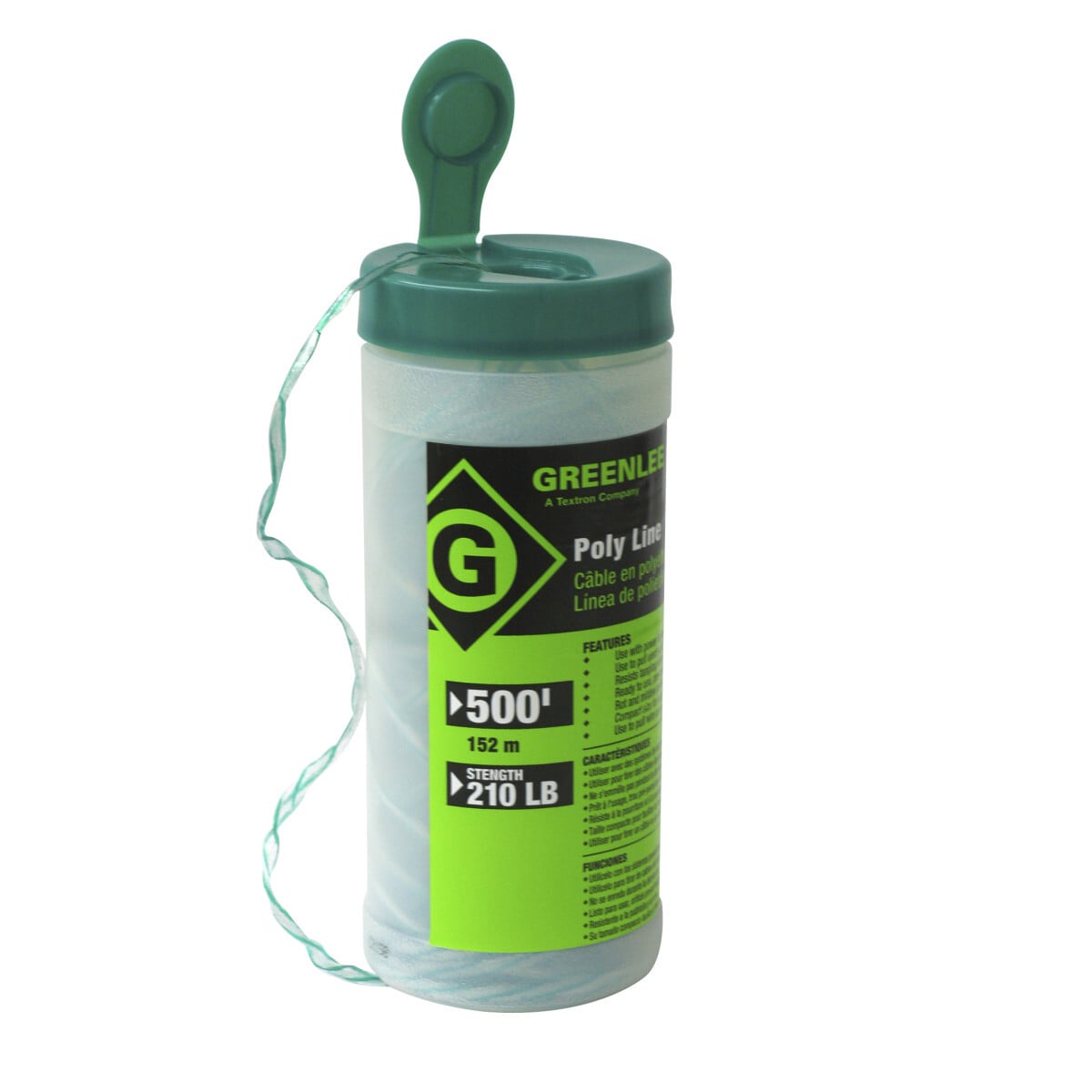 Twine, Spiral Wrap 1 Ply Poly Line 500'.  Standard Pack of 6.   Ready-to-use, pre-punched hole in lid with resealable cap.  Use with power fishing systems directly from the container.  Resists tangling when dispensing.  Rot and mildew resistant.  Handy reusable plastic dispenser pail with handle keeps the line dry.  Use to pull rope through conduit.