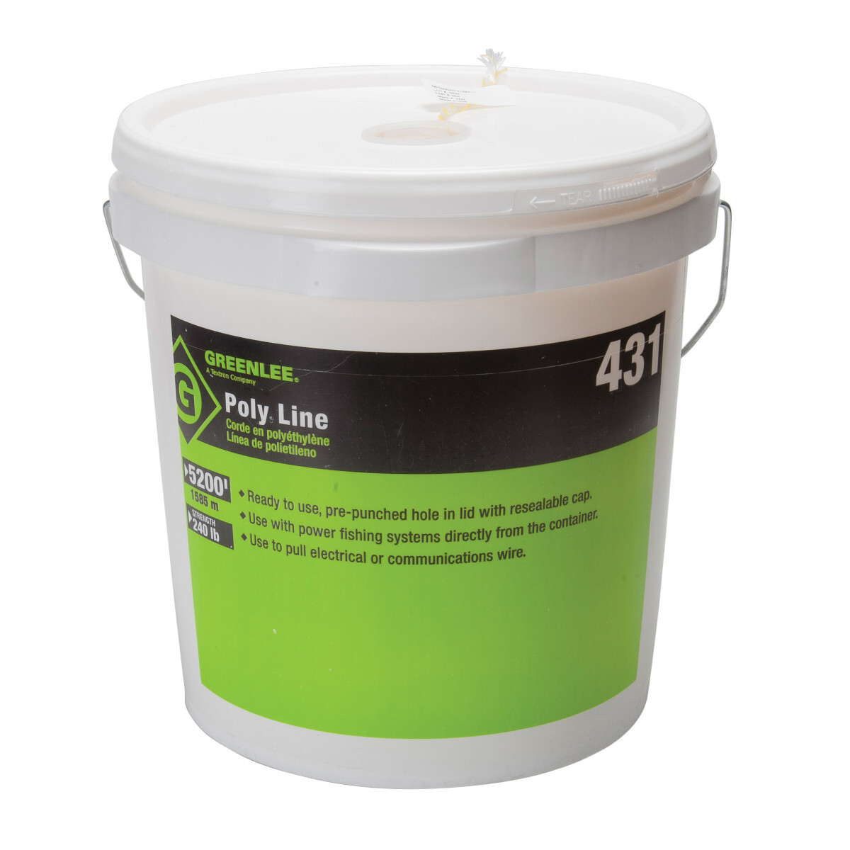 Twine, Spiral Wrap 2 Ply Poly Line 5200'.  Ready-to-use, pre-punched hole in lid with resealable cap.  Use with power fishing systems directly from the container.  Resists tangling when dispensing.  Rot and mildew resistant.  Handy reusable plastic dispenser pail with handle keeps the line dry.  Use to pull rope through conduit.