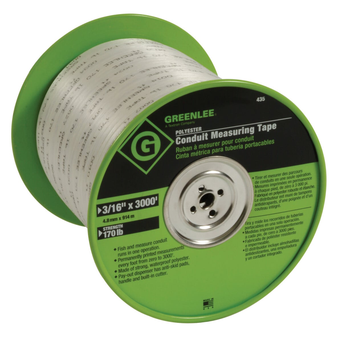 Polyester Conduit Measuring Tape, 3/16" x 3000' (44./mm x 914m).  Fish and measure conduit runs in one operation.  Permanently printed measurements every foot from zero to 3000'  (914 m).  Made of strong, waterproof polyester.