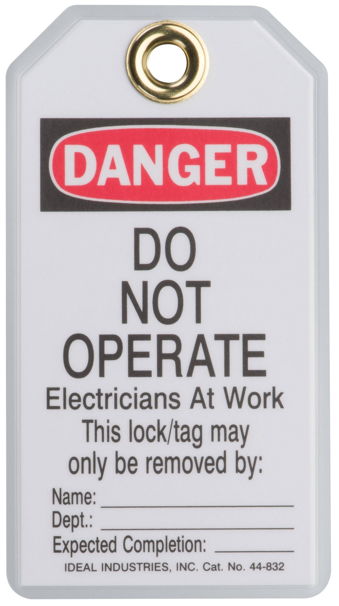Heavy-Duty Lockout Tag, Economy Vinyl, Do Not Operate - Electricians at Work Legend, Grommet: Metal, Included: Fasteners, Package: 25/Bag, Exceeds OSHA 50 LB Pullout Requirement