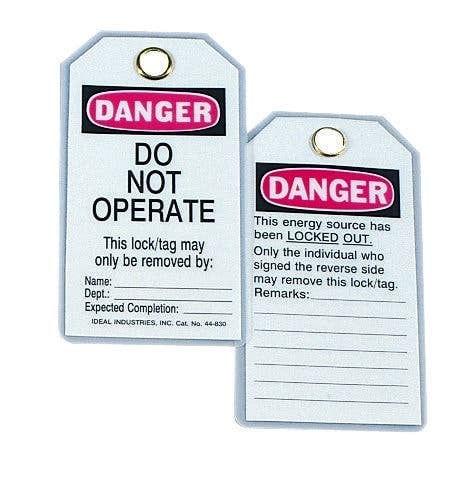 Heavy-Duty Lockout Tag, Economy Vinyl, Do Not Operate Legend, Grommet: Metal, Included: Fasteners, Package: 25/Bag, Exceeds OSHA 50 LB Pullout Requirement