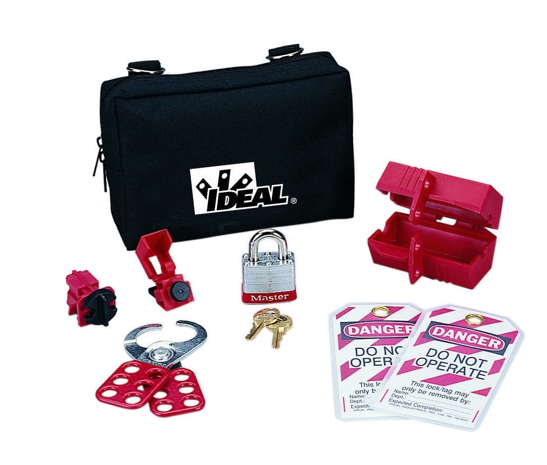 IDEAL, Lockout Or Tagout Kit, Starter, Material: Nylon Zipper, Number Of Pieces: 8, Includes: (1) 44-809 Universal 277V Breaker/Single-Pole Lockout, (1) 44-783 Universal Multi-Pole Lockout, (1) 44-906 3/4 in. Shackle Red Padlock, (1) 44-800 1 in. Safety Lockout Hasp, (2) 44-849 Lockout Tags Do Not Operate (striped), (1) 44-818 110V Plug Lockout, (1) IA-3240 Zipper Pouch