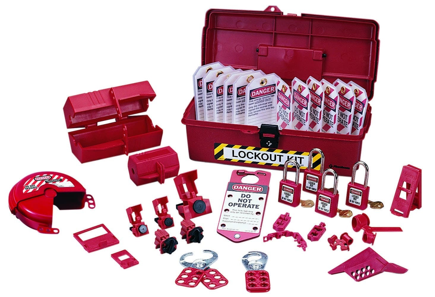 IDEAL, Lockout Or Tagout Kit, Industrial, Material: Polypropylene, Number Of Pieces: 35, Includes: (3) 44-810 Hinged Single-Pole Breaker Lockouts, (2) 44-809 Universal 277V Breaker Lockouts/Single Pole, (1) 44-807 480/600V Breaker Lockout, (1) 44-789 Wall Switch Lockout, (1) 44-818 110V Small Plug Lockout, (1) 44-820 Ball Valve Lockout, (2) 44-800 1 in. Safety Lockout Hasps, (1) 44-791 Red Labeled Lockout, (1) 44-819 220/550V Plug Lockout, (10) Lockout Tags Do Not Operate (striped), (1) 44-815 Fuse Blockout, (1) 44-816 Fuse Blockout, (1) 44-824 Gate Valve Lockout, (1) 44-785 Cleat for 277V Breaker Lockout, (1) 44-786 Cleat for 480/600V Breaker Lockout, (4) 44-916 Red Lockout Padlocks, (2) 44-783 Universal Multi-Pole Breaker Lockouts, (1) IA-3241 Tool Box