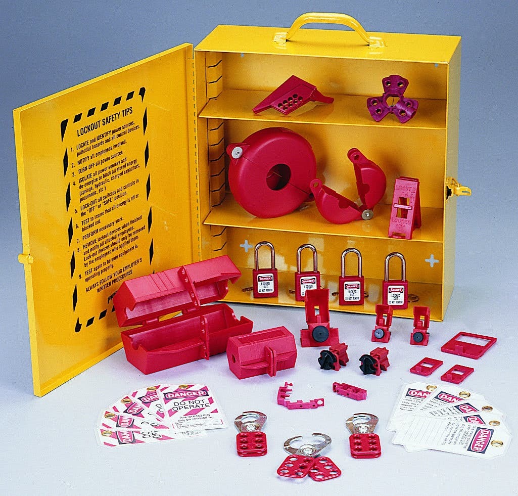 IDEAL, Lockout Or Tagout Station, Industrial, Size: 16 IN Height X 14 IN Width X 6 IN Depth, Number Of Pieces: 34, Includes: (2) 44-810 Hinged Single-Pole Breaker Lockouts, (2) 44-809 Universal Single-Pole Breaker Lockouts, (2) 44-785 Cleat For Universal Single-Pole Lockouts, (2) 44-783 Universal Multi-Pole Breaker Lockouts, (1) 44-807 1 Number 480/600V Breaker Lockout, (1) 44-786 Cleat For 480/600V Breaker Lockout, (1) 44-789 Wall Switch Lockout, (3) 44-800 1 IN Safety Lockout Hasps, (4) 44-916 Red Safety Padlocks, (1) 44-818 100V Small Plug Lockout, (1) 44-819 220/550V Plug Lockout, (10) 44-849 Lockout Tags Do Not Operate, (1) 44-824 Gate Valve Lockout - 1 IN To 2-1/2 IN, (1) 44-825 Gate Valve Lockout - 2-1/2 IN To 5 IN, (1)44-820 Ball Valve Lockout, (1) 44-774 Pnuematic Lockout