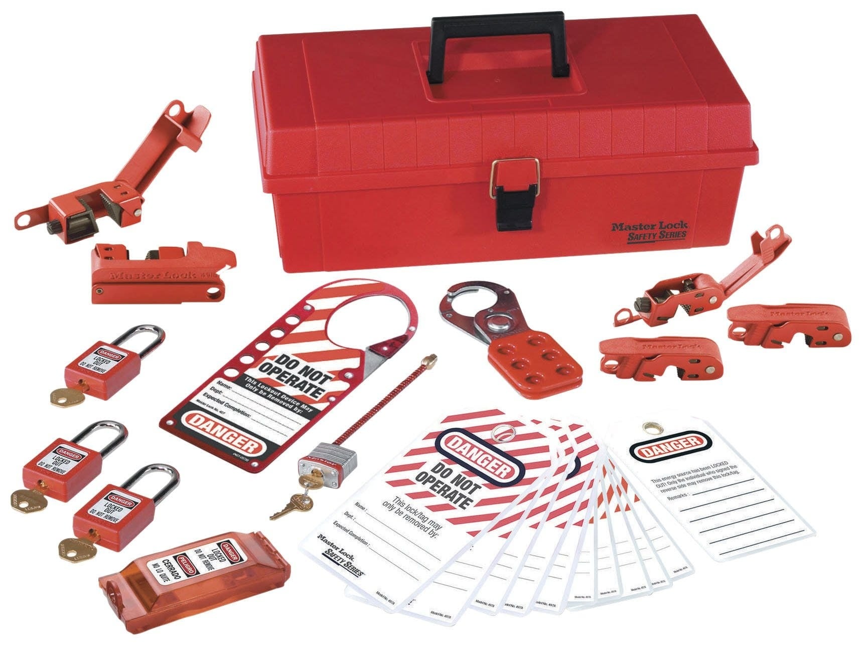 Job Site Lockout/Tagout Kit, 25 Pieces, Includes: (2) 44-956 Circuit Breaker Lockout, Tall And Wide Toggles, (3) 44-957 Circuit Breaker Lockout, Standard Toggles, (1) Circuit Breaker Lockout Padlock, (3) 44-916 Safety Lockout Padlock, Red, 1-1/2 IN Shackle Clearance, 1/4 IN Shackle, (Card Of 1), (1) 44-800 Safety Lockout Hasp, 1 IN Jaw Diameter (Card Of 3), (1) 44-791 Labeled Safety Lockout Hasp, "DO NOT OPERATE", Red (Card Of 1), (1) 44-772 Universal Wall Switch Lockout, (12) 44-833 Heavy-Duty Lockout Tags - "DO NOT OPERATE", Red Striped Background, (Card Of 5), (1) IA-3241 Tool Box, RoHS Compliant
