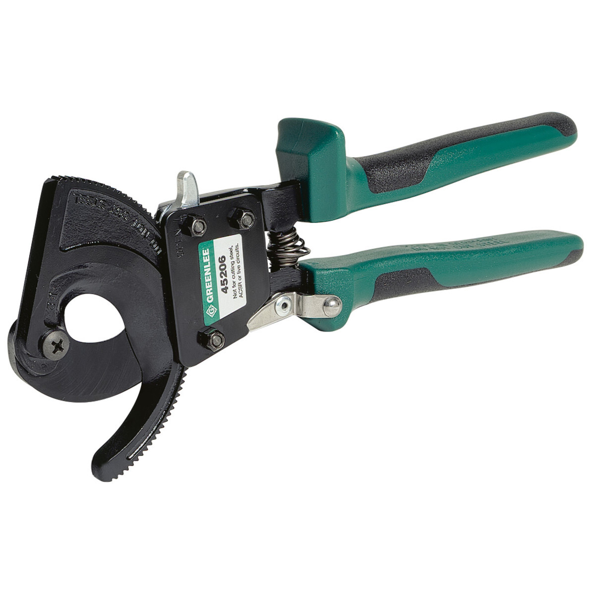 Ratchet Cable Cutter 10" Maximum Capacity 600 kcmil Copper and Aluminum.  Simple, one-hand operation.  Exclusive two-speed ratcheting mechanism adjusts for light/heavy cutting.  Well-suited for tight working spaces.  Blades can be opened mid-cycle.  Cushioned handles.