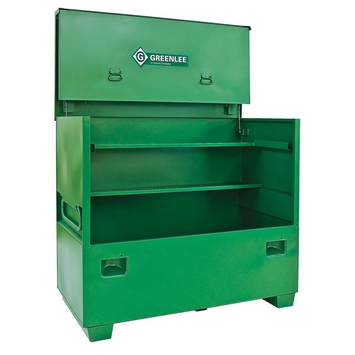48 x 60 Flat-top box.  Flat-top design provides more storage capacity for tall, bulky items, plus a large work surface for jobsite plans.  Recessed and concealed lock protector inhibits forced entry and corrosion to lock.  Channel reinforcements on lid, lock side panels into lid for added security when closed.  Hinged lower shelf allows for easy storage of larger objects.  Angled handle recess prevents pinch points.  Hemmed (reinforced) high-strength shelves.  Continuous, non-removable hinge pins help prevent theft.  Side-wall storage.  Strategically located, easily accessible, durable gas springs provide for ease in opening lid.   Double hinge cover folds up and out of the way.  New angled 3-1/2" high support skids feature threaded holes for easy caster installation.  Patented, ergonomically designed fold-down recessed handles.  Recommend #1 and #5 Masterlock padlocks or equivalent.