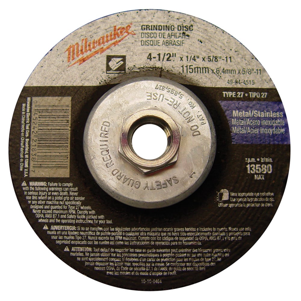 4-1/2 in. x 1/4 in. x 5/8-11 in. Grinding Wheel (Type 27)
