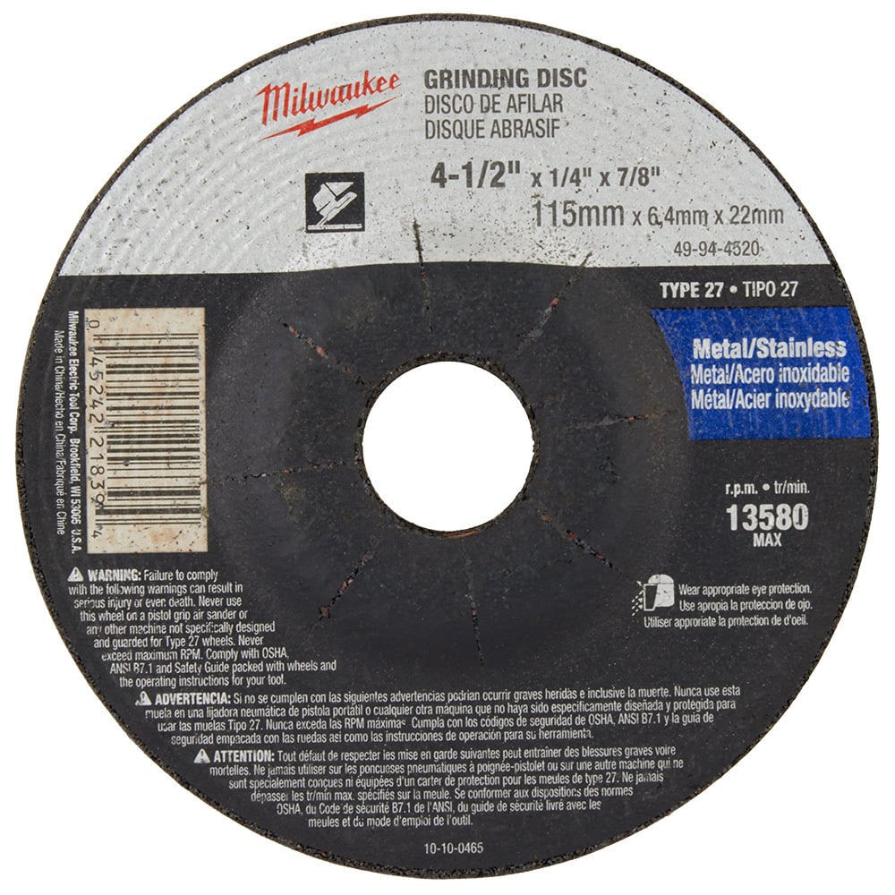 4-1/2 in. x 1/4 in. x 7/8 in. Grinding Wheel (Type 27)