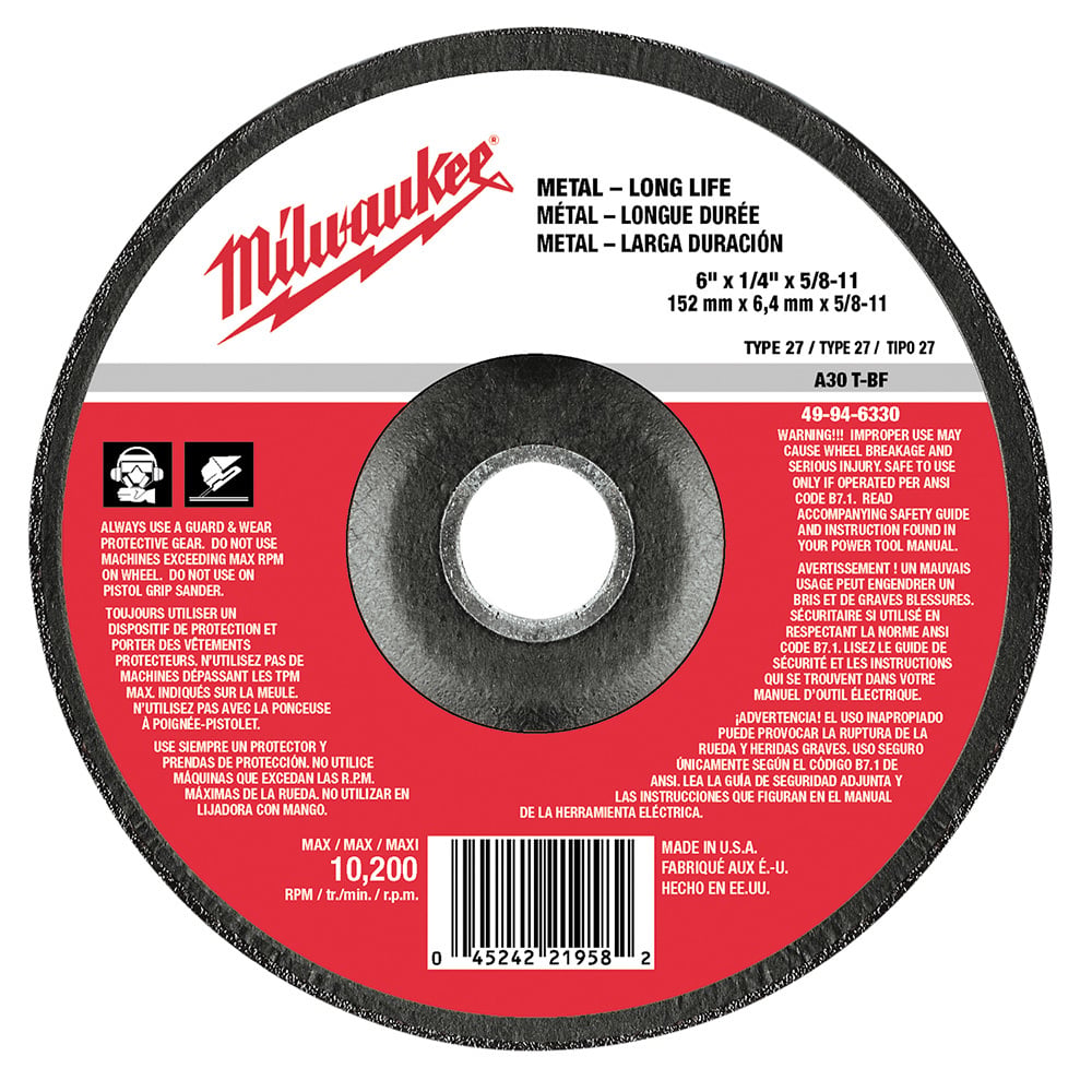 6 in. x 1/4 in. x 5/8-11 in. Grinding Wheel (Type 27)