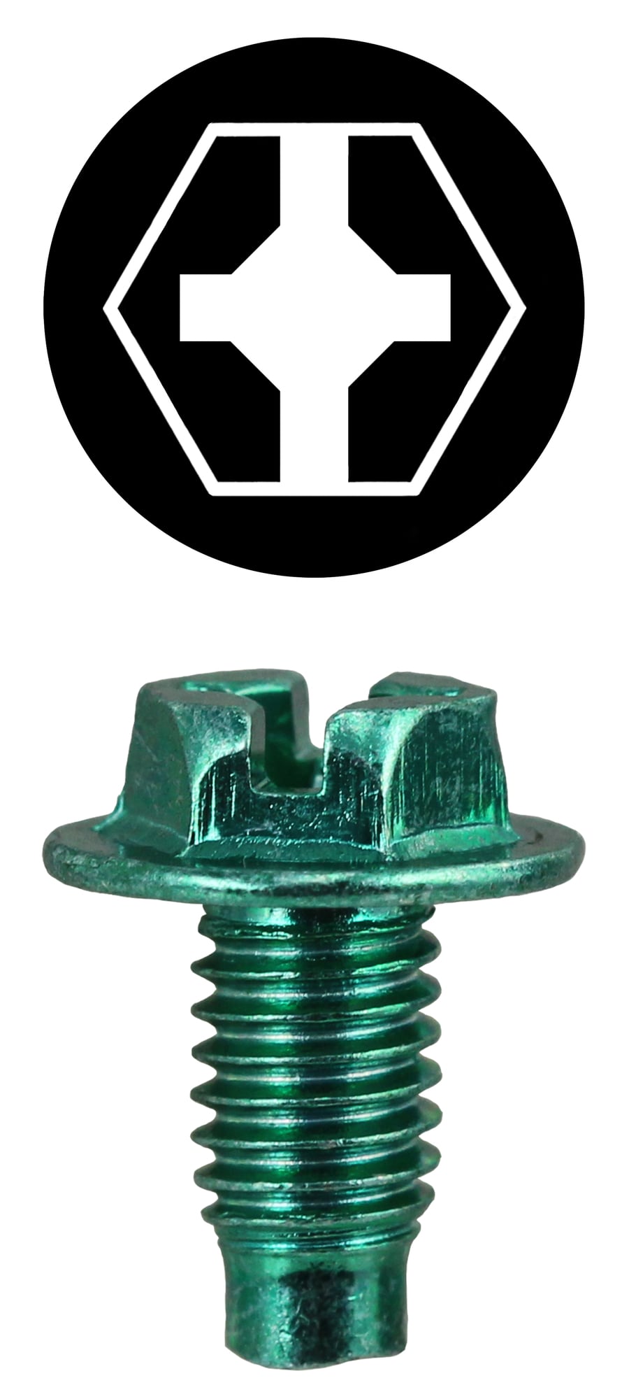 Ground Machine Screw, 3/8 in. length, 1/4 in. Size, Steel material, Green Zinc Plated Finish, Leader Point Style, Hex, Phillips, Slotted, Square drive, #10 diameter, 32 thread count