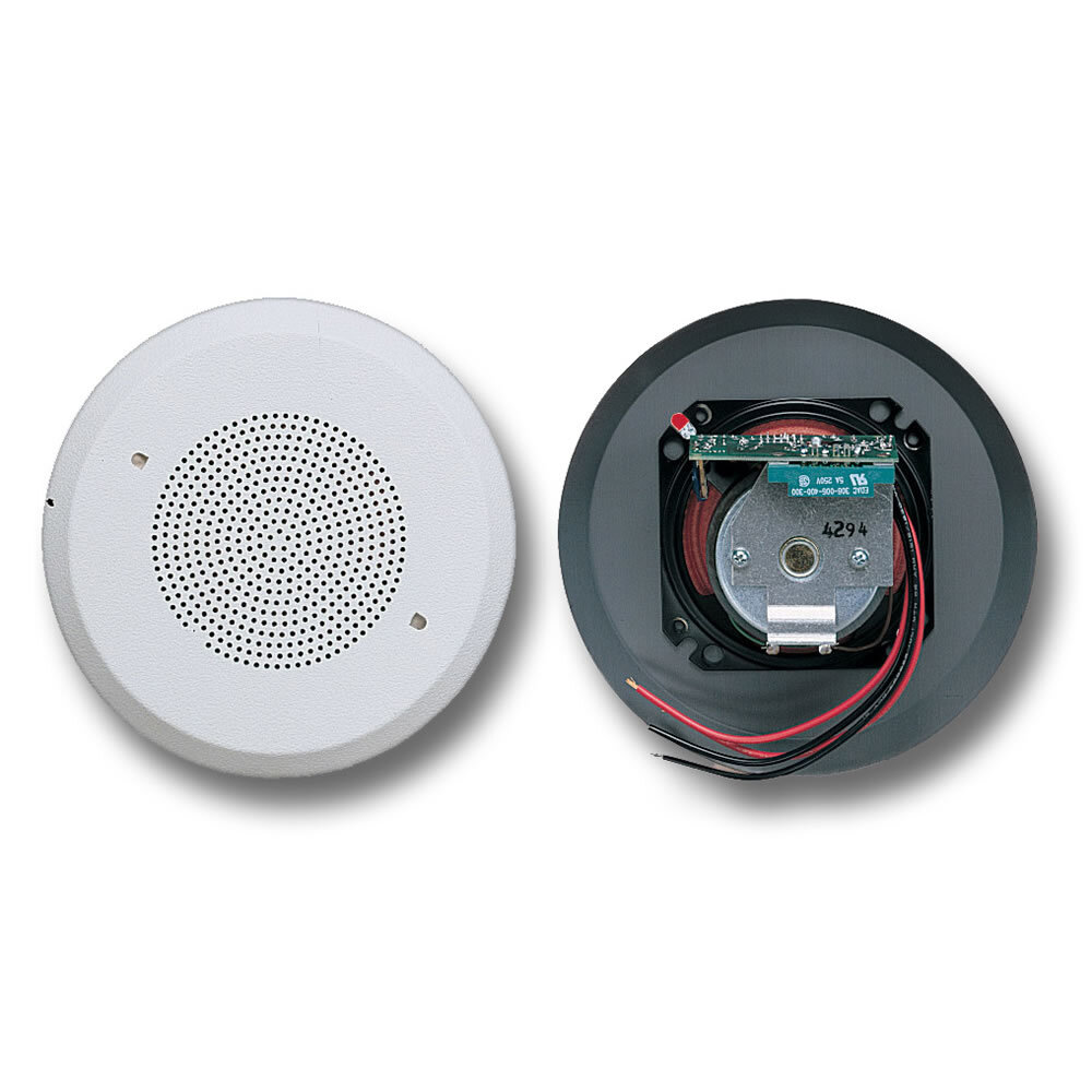 SelecTone Ceiling Mount Amplified Speaker, 120VAC - Available in 24VAC/DC and 120VAC. Attractive round ceiling grille. Built-in gain control, adjustable between 64 dBa to 88 dBa at 10 feet (74 dBa to 98 dBa at 1 meter). Appropriate for office environments. Type 1, IP41 enclosure. UL and cUL Listed, CSFM Approved.