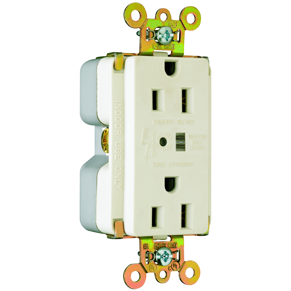Surge Protective Extra Heavy-Duty Duplex Receptacle offers increased transient protection, reliability and protection notification (Audible Alarm with LED Indicator). Back and, Side Wire, 15amp 125volt, Light Almond.