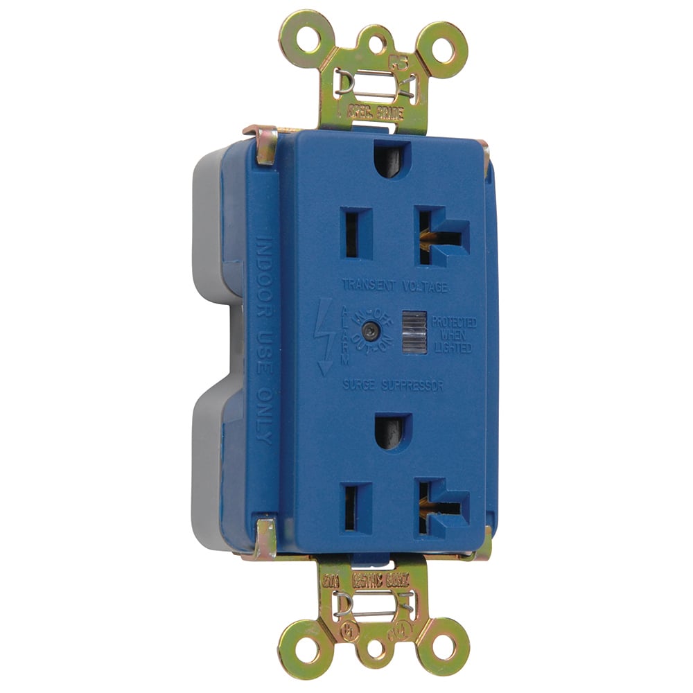 Surge Protective Extra Heavy-Duty Duplex Receptacle offers increased transient protection, reliability and protection notification (Audible Alarm with LED Indicator). Back and, Side Wire, 20amp 125volt, Blue.