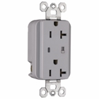 Surge Protective Extra Heavy-Duty Duplex Receptacle offers increased transient protection, reliability and protection notification (Audible Alarm with LED Indicator). Back and, Side Wire, 20amp 125volt, Gray.