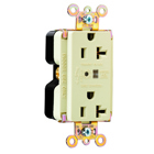 Surge Protective Extra Heavy-Duty Duplex Receptacle offers increased transient protection, reliability and protection notification (Audible Alarm with LED Indicator). Back and, Side Wire, 20amp 125volt, Ivory.