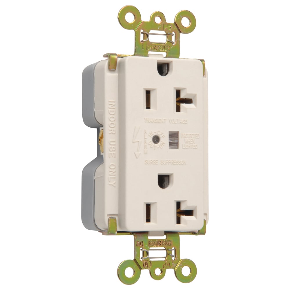 Surge Protective Extra Heavy-Duty Duplex Receptacle offers increased transient protection, reliability and protection notification (Audible Alarm with LED Indicator). Back and, Side Wire, 20amp 125volt, Light Almond.