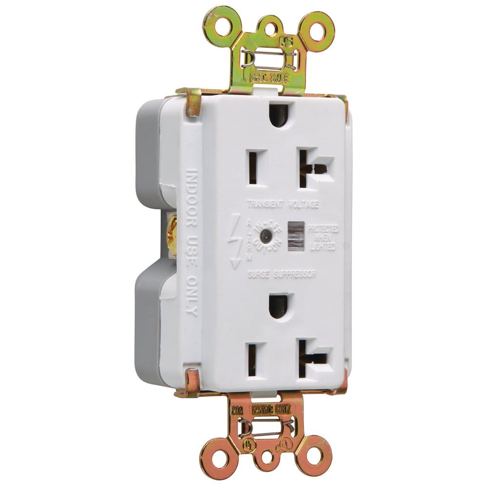 Surge Protective Extra Heavy-Duty Duplex Receptacle offers increased transient protection, reliability and protection notification (Audible Alarm with LED Indicator). Back and, Side Wire, 20amp 125volt, White.