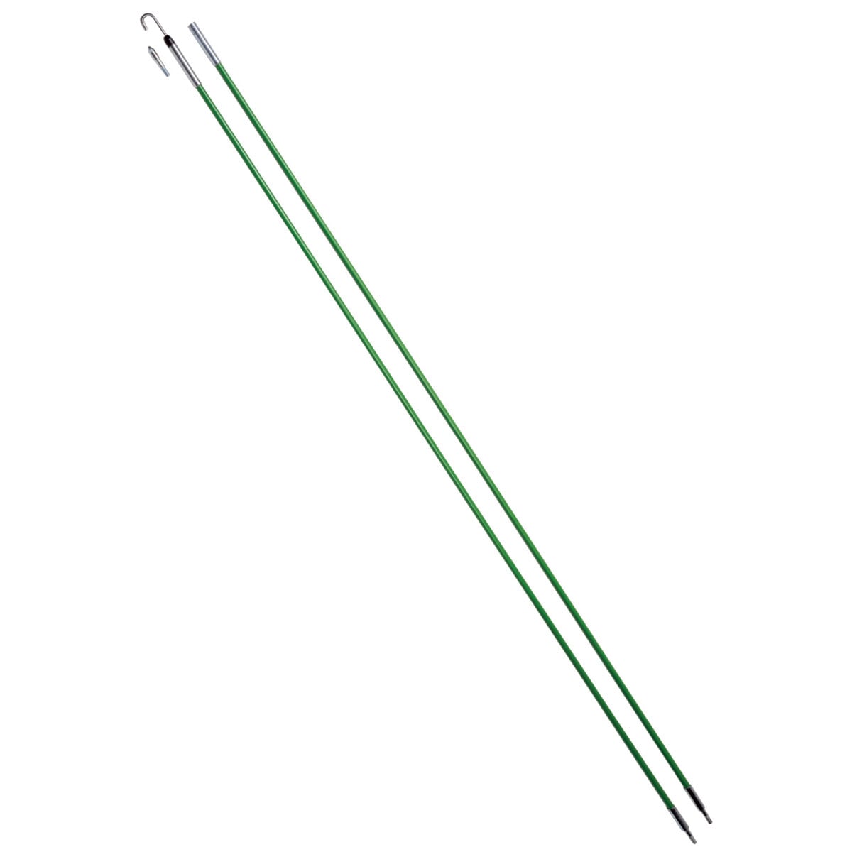 Highly visible green color rods can be easily threaded together and seen when working above ceilings, down walls, or under raised floors.     1/4 IN (6.4 mm) diameter fiberglass adds rigidity when connecting multiple sections.     200 lbs. (0.9 kN) maximum pulling strength.     Two different threaded tips accommodate various bundles of wire or cable.     540-24 includes one 3 IN (0.9 mm) Glo Stix section for improved tip visibility.     Optional Whisk Nose Tip is available for fishing over obstacles, and can be used to guide extended Glo Stix sideways above ceilings by rotating. Can also be used to fish longer lengths by providing a tip that can be snagged from the opposite direction with another extended Fish or Glo Stix with a hook nose tip..
