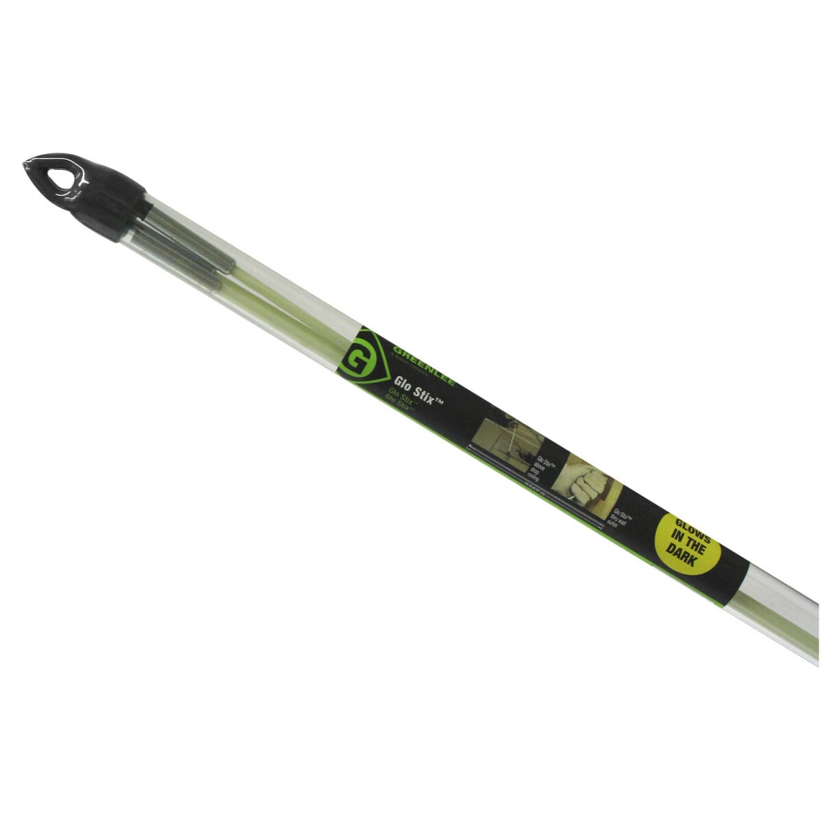 Glo Stix Kit 3/16" x 15' (4.7mm x 4.6m) with Bullet and "J" Hook Nose Tips.  Fish Stix Luminescent fiberglass rods glow in the dark to make fishing voice, data and video wires easier in dark spaces, such as above ceilings, in walls, and below sub-floors.  More flexible for fishing in walls through outlet box holes.  Sturdy, steel-threaded connectors are interchangeable with Greenlee 1/4" (6.4 mm) Fish Stix.  Clear, non-metalic storagetube keeps Glo Stix charged and ready to use.  200 lbs. (0.9 kN) maximum pulling strength.  Optional Whisk Nose Tip is available for fishing over obstacles, and can be used to guide extended Glo Stix sideways above ceilings by rotating.  Can also be used to fish longer lengths by providing a tip that can be snagged from the opposite direction with another extended Fish or Glo Stix with a hook nose tip.