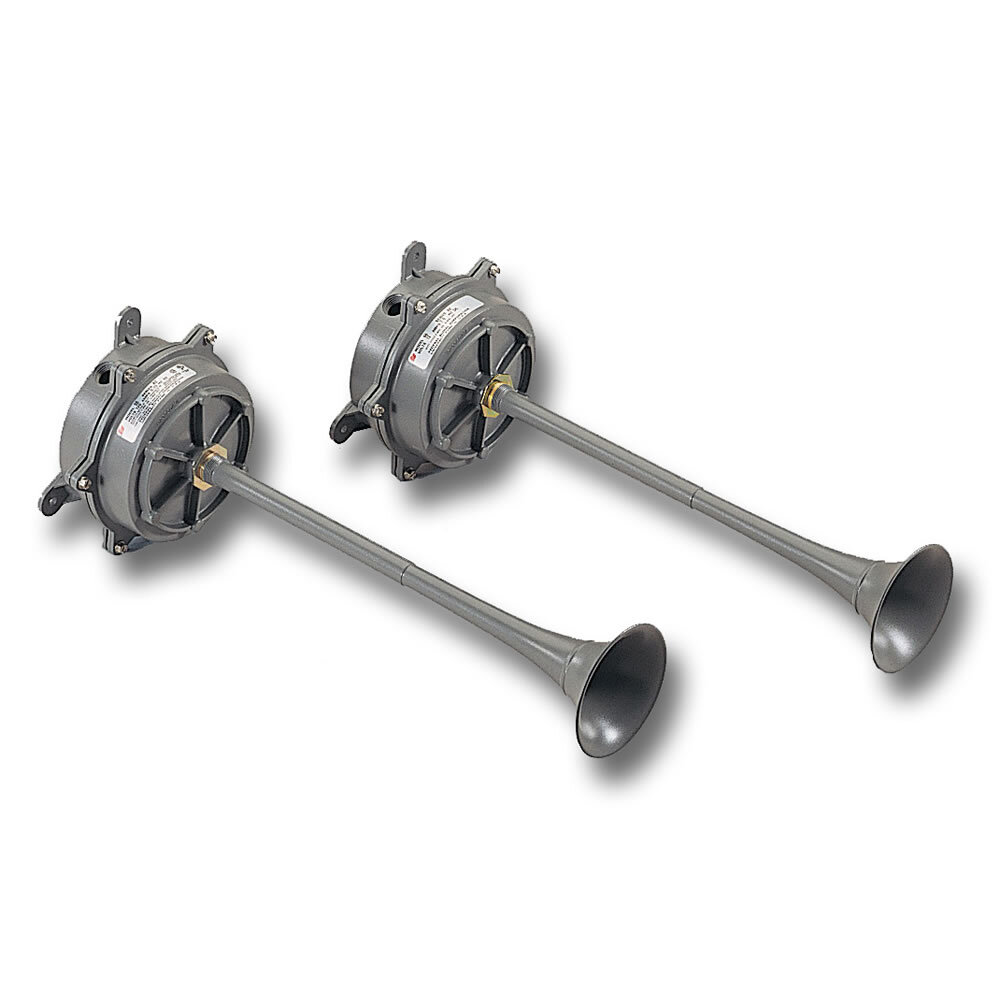 Resonating Horn 24VDC - Available in 24VDC, 125VDC and 250VDC. Produces 106 dBa at 10 feet (116 dBa at 1m). Indoor/outdoor use. Corrosion resistant cast aluminum housing and spun brass projector. Weatherproof, water- and dust-tight. Swivel bracket included. Type 3R enclosure.