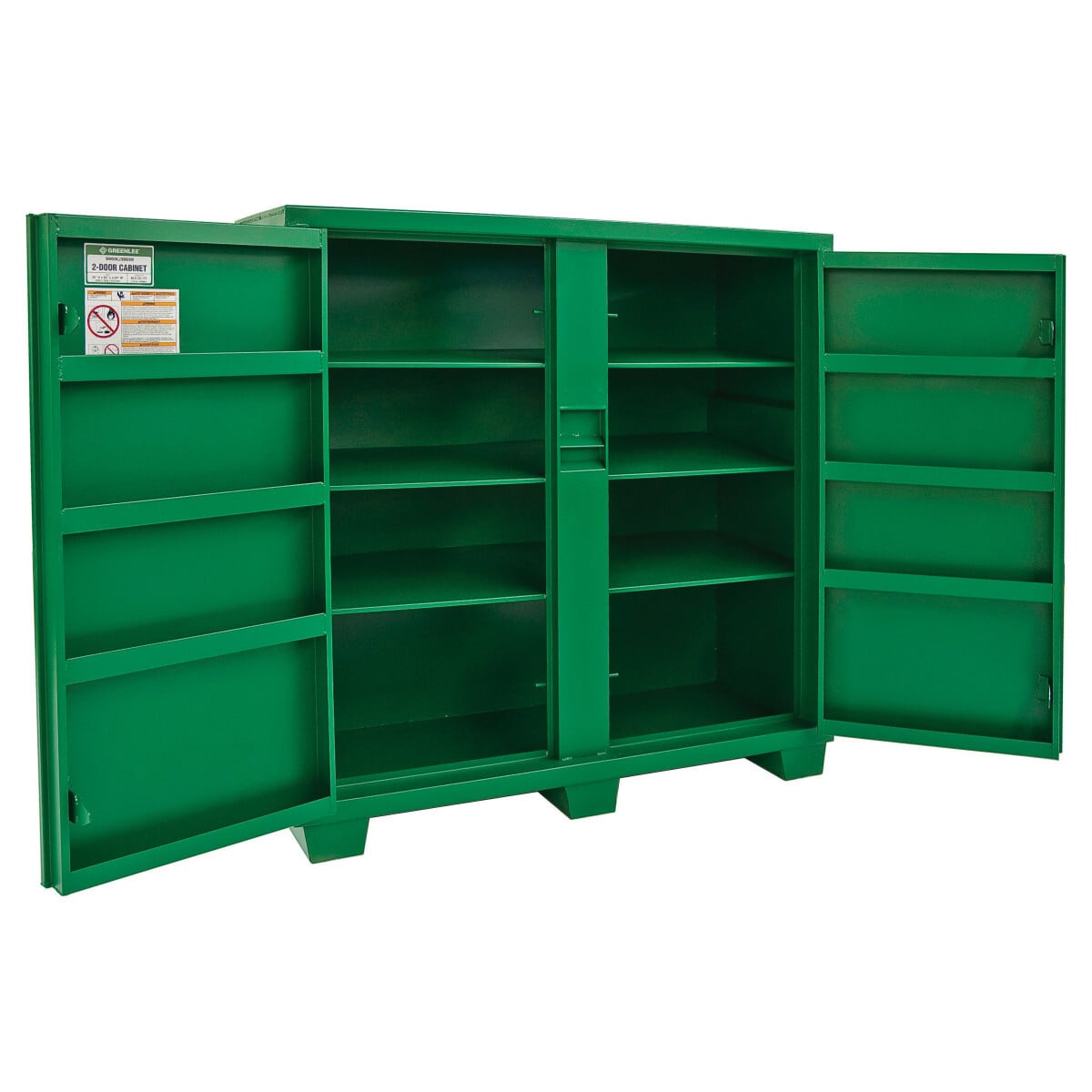 56 x 60 Utility Cabinet.  Recessed and concealed lock protector inhibits forced entry and corrosion to lock.  Flush-mounted doors.  Finger-groove door handles.  Front-door storage.  Hemmed (reinforced) high-strength shelves.  Large, lower storage areasfor bigger items.  Continuous, non-removable hinge pins to prevent theft.  New angled 3-1/2" high support skids feature threaded holes for easy caster installation.  Three 3-1/2" high support skids.  Weather-resistant design.  Open storage for shovels, picks, brooms and other long-handled tools.  (Model 5660LH only.)  Patented, ergonomically designed fold-down recessed handles.  Recommend #1 and #5 Masterlock padlocks or equivalent.