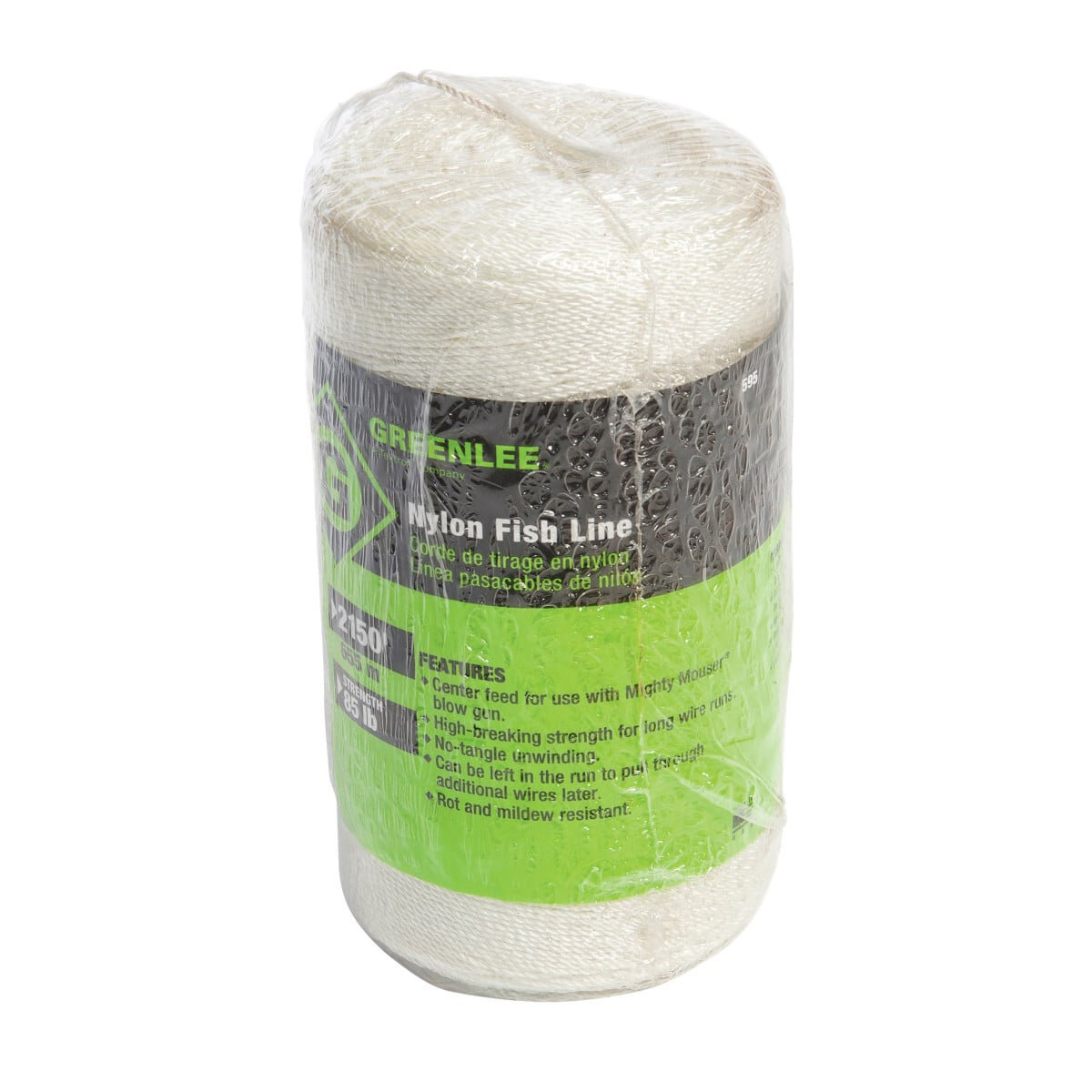 Fish Line 2150' (655 m) 85 Pound Strength.  Strong, lightweight nylon.  Center feed for fast payout without tangling, use with mighty mouser blow gun.  Mildew-resistant, can be pulled into the run with the wire to provide a means to add wires later.