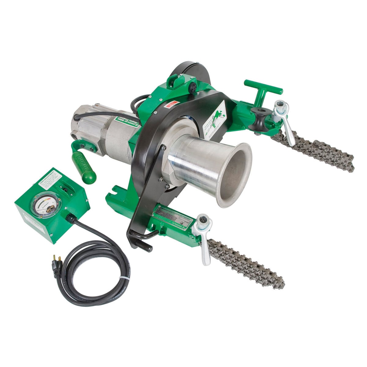 Super Tugger 6500 Pound Cable Puller with Force Gauge and Vise Chains.  Pull up to 6,500 lbs. (28.9 kN) with less than 27 lbs. (120 N) of operator effort.  Unique floor mounting attachment for quick, reliable setup   Leaf-type mounting chains won't twist when tightening.  Heat-treated steel serrated gripper feet for secure mounting to conduit.  Force Gauge included to constantly monitor the pull.  Right-angle sheave allows the operator to stand out of the direct line of force.  Audio alarm high force warning and circuit breaker shut off at maximum force for added safety.  Tapered capstan and patented rope guidance system for better control of the rope when feeding onto the capstan.  Patented.