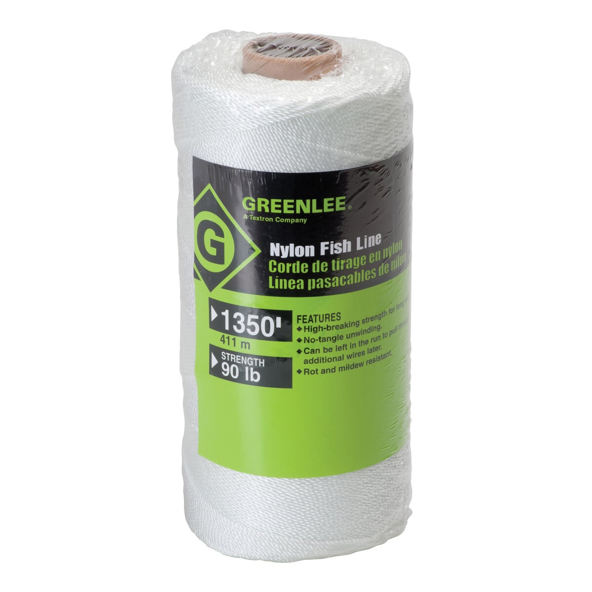 Fish Line1350' (411 m) 90 Pound Strength.  Strong, lightweight nylon.  Center feed for fast payout without tangling, use with mighty mouser blow gun.  Mildew-resistant, can be pulled into the run with the wire to provide a means to add wires later.