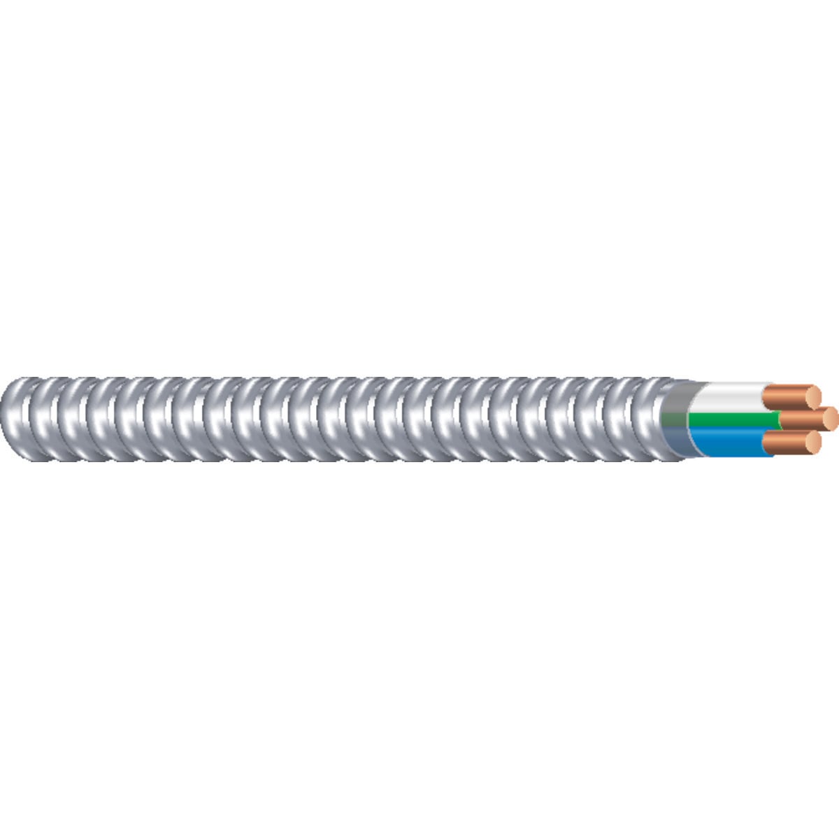 Southwire Armorlite Type MC Cable is constructed with soft-drawn copper  Type THHN/THWN-2 conductors rated 90C dry  and a bare copper grounding conductor for sizes 1/0 AWG and larger. The conductors are cabled together and a binder tape bearing the print legend is wrapped around the assembly. Aluminum interlocking armor is applied over the assembly. Also available in steel. Conductors are black with phase identification. Colors available upon request with economic order quantity.