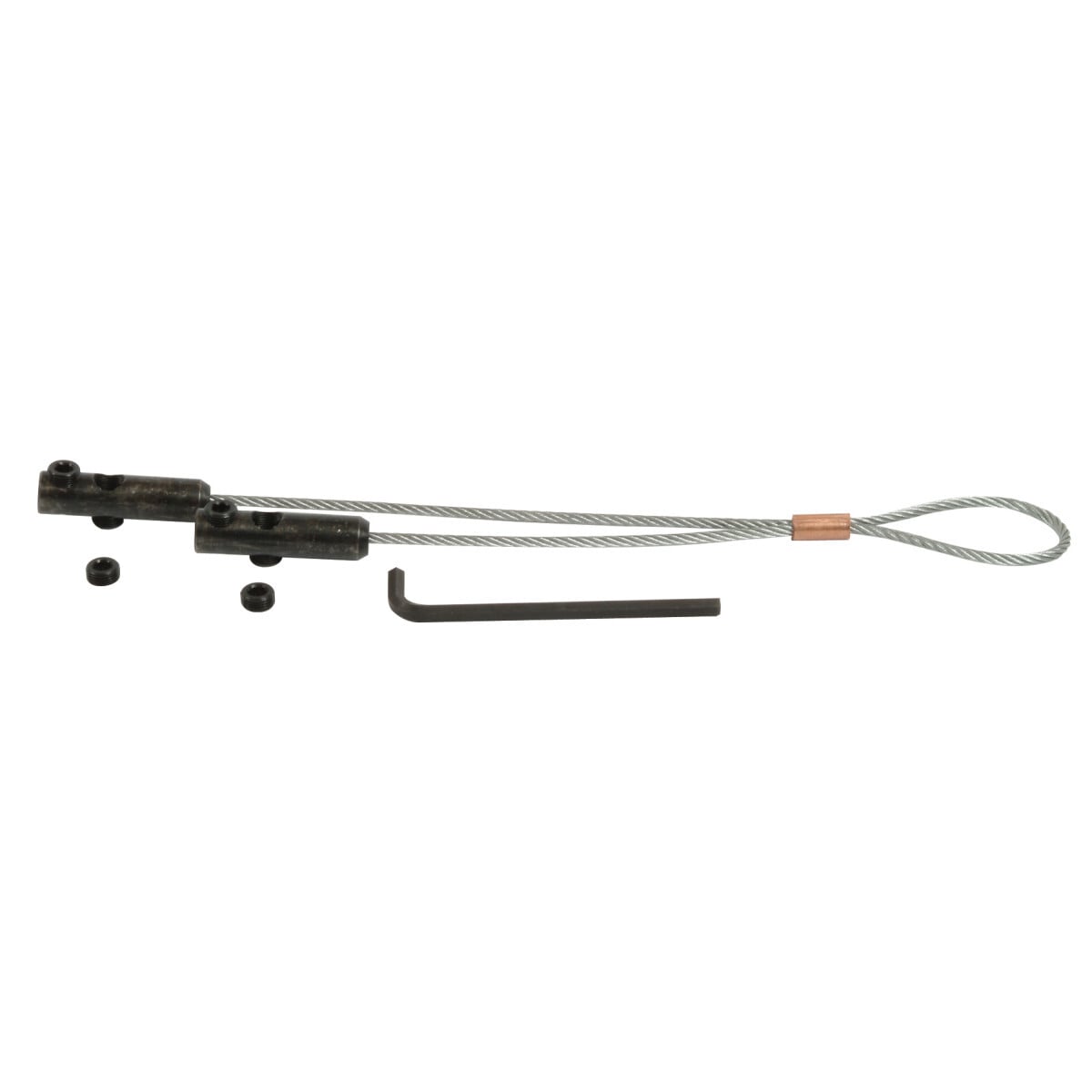 Set Screw Wire Pulling Grip Maximum Rated Capacity 3,250 Pounds.  For 2" (50.8 mm) or Larger Conduit.  Flexible eye 1/4" diameter galvanized steel aircraft cable connected to 2 cable receptacles with 5/8" (15.9 mm) diameter opening and 2 clamping set screws.  Select pulling grips with a maximum-rated capacity that meets or exceeds the cable puller's maximum pulling force.  Minimum cable diameter is 3/8".