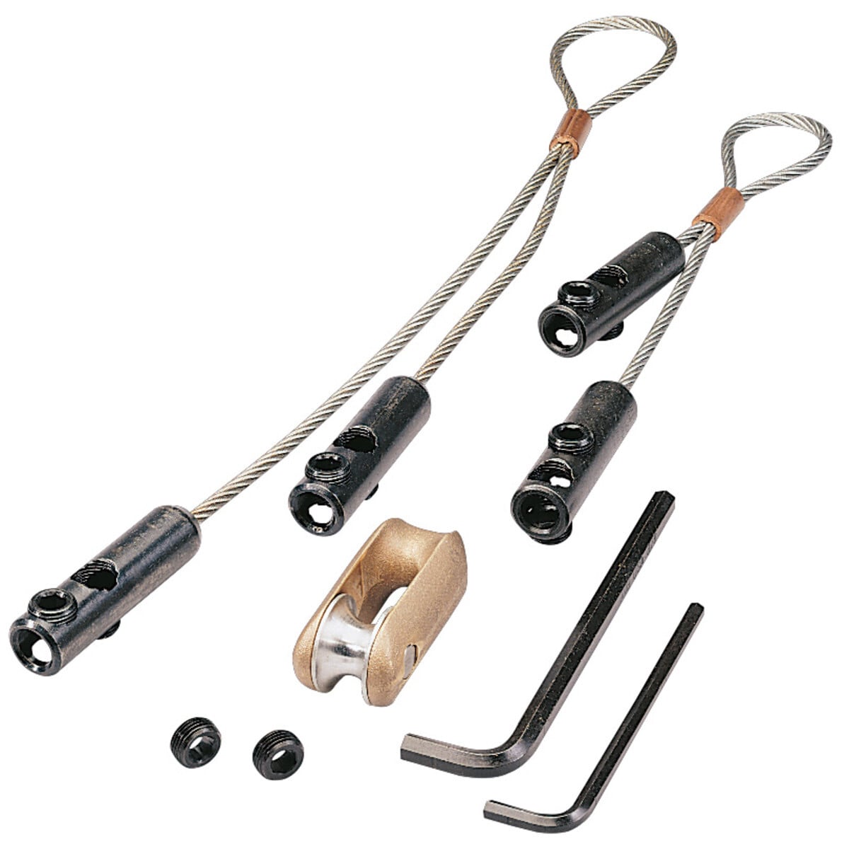 Use to pull in 2 IN (50.8 mm) or larger conduit.     Type of pulls: heavy, longruns.     Type of grip: Flexible eye 1/4 IN (6.4 mm-629) (6.3 mm-504) diameter galvanized steel aircraft cable connected to 2 cable receptacles with 5/8 IN (15.9 mm) diameter opening and 2 clamping set screws.     Select pulling grips with a maximum-rated capacity that meets or exceeds the cable puller's maximum pulling force.     Minimum cable diameter is 3/8 IN.
