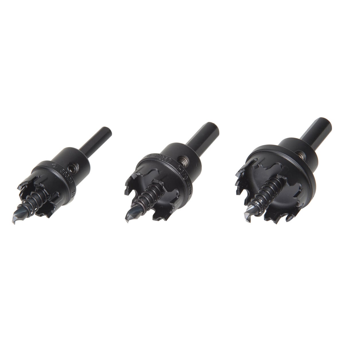 Carbide-Tipped Hole Cutter Kit.  Contains 7/8", 1-1/8" and 1-3/8" cutter heads, pilot drill, hex key and case.  Multiple tungsten carbide tips for long life and smooth cutting.  Cut fast, accurate, high quality holes in stainless steel, copper, aluminum, steel.  Flange stop prevents over-drilling.  Replaceable cobalt steel pilot drill, with split-point tip design, to improve performance and resist walking.  Eliminates need for center punch.