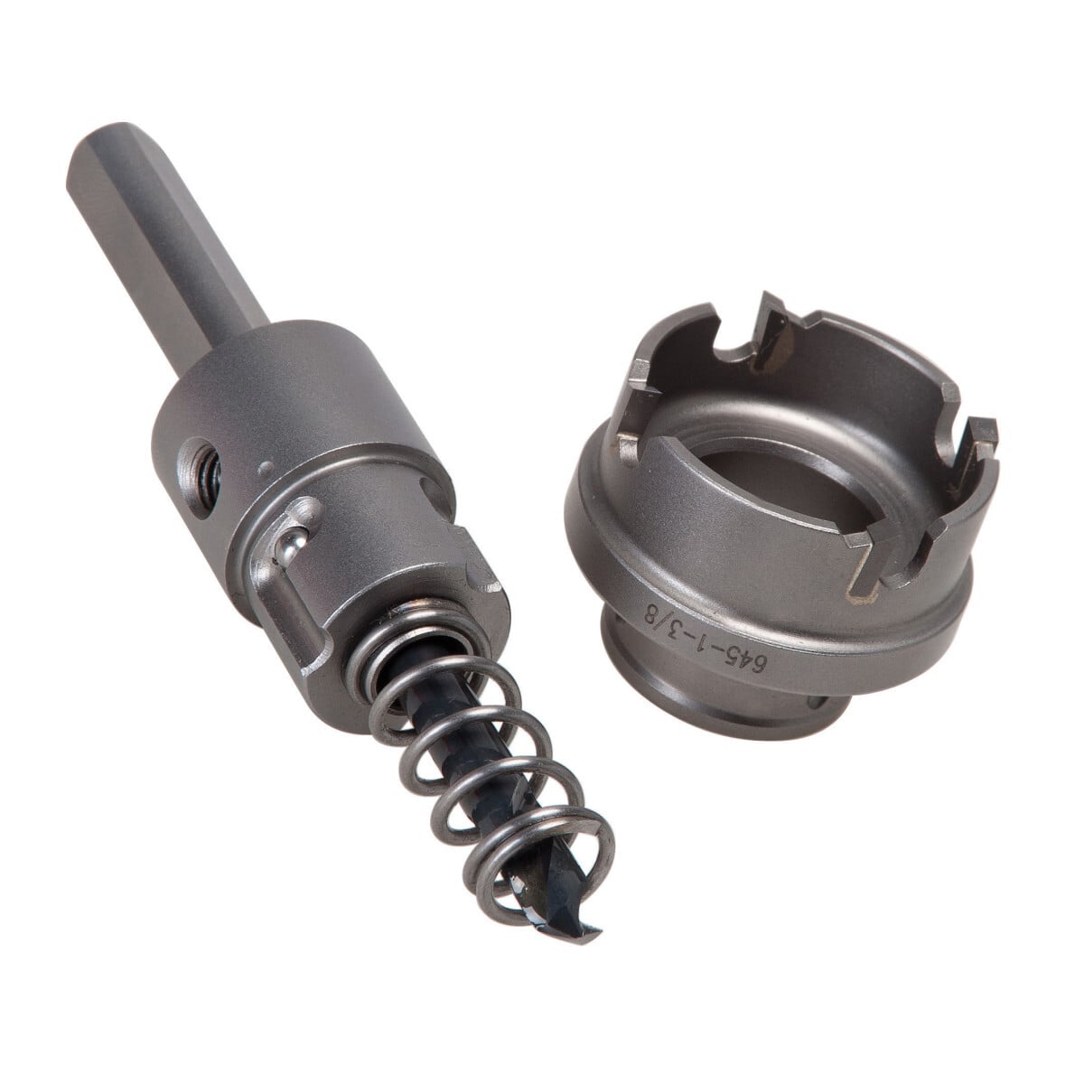 Quick Change Carbide Tipped Hole Cutter 1-11/16" (42.9 mm).  Cuts stainless steel quickly and easily.  Quick Change arbor allows you to change cutter heads with a simple push and a rn.  Use the same arbor for different size cutting heads.  Removable cutter heads available in sizes from 5/8" through 3".  Flange stop prevents over-drilling.  Ejector spring on all sizes above 3/4" makes removal of slug easier.  Replaceable, cobalt-steel pilot drill with split-point tip to prevent walking.  Precision carbide teeth for optimum performance and durability.  Minimum chuck size of 3/8".