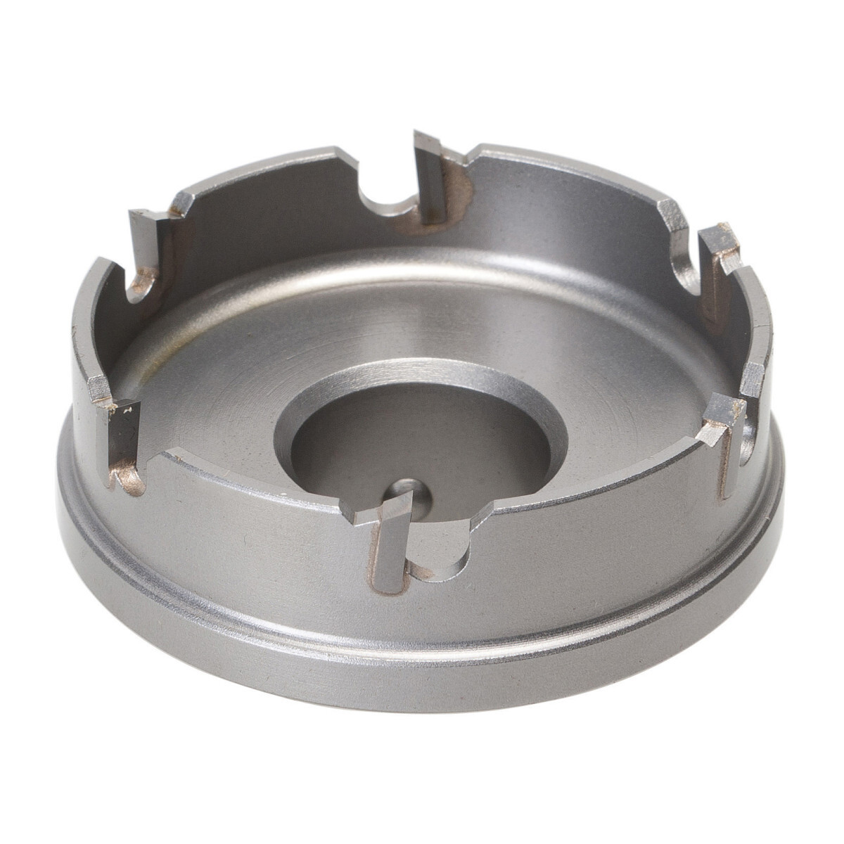 Quick Change Carbide Tipped Hole Cutter 2-1/8" (54.0 mm).  Cuts stainless steel quickly and easily.  Quick Change arbor allows you to change cutter heads with a simple push and a turn.  Use the same arbor for different size cutting heads.  Removable cutter heads available in sizes from 5/8" through 3".  Flange stop prevents over-drilling.  Ejector spring on all sizes above 3/4" makes removal of slug easier.  Replaceable, cobalt-steel pilot drill with split-point tip to prevent walking.  Precision carbide teeth for optimum performance and durability.  Minimum chuck size of 3/8".