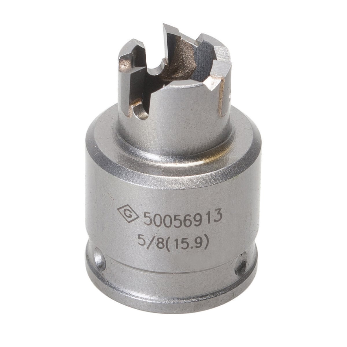 Quick Change Carbide Tipped Hole Cutter 5/8" (15.9 mm).  Cuts stainless steel quickly and easily.  Quick Change arbor allows you to change cutter heads with a simple push and a turn.  Use the same arbor for different size cutting heads.  Removable cutter heads available in sizes from 5/8" through 3".  Flange stop prevents over-drilling.  Ejector spring on all sizes above 3/4" makes removal of slug easier.  Replaceable, cobalt-steel pilot drill with split-point tip to prevent walking.  Precision carbide teeth for optimum performance and durability.  Minimum chuck size of 3/8".