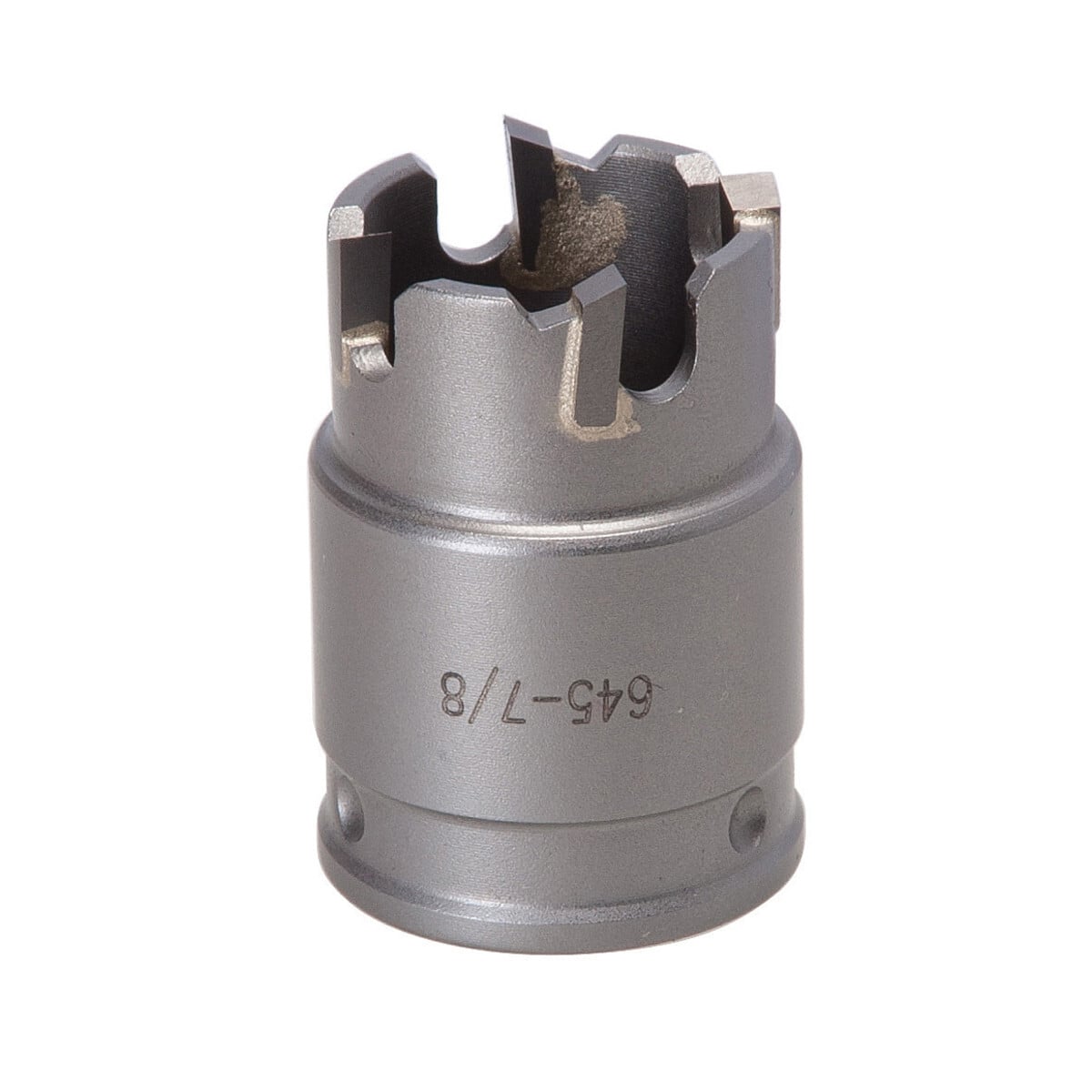 Quick Change Carbide Tipped Hole Cutter 7/8" (22.2 mm).  Cuts stainless steel quickly and easily.  Quick Change arbor allows you to change cutter heads with a simple push and a turn.  Use the same arbor for different size cutting heads.  Removable cutter heads available in sizes from 5/8" through 3".  Flange stop prevents over-drilling.  Ejector spring on all sizes above 3/4" makes removal of slug easier.  Replaceable, cobalt-steel pilot drill with split-point tip to prevent walking.  Precision carbide teeth for optimum performance and durability.  Minimum chuck size of 3/8".