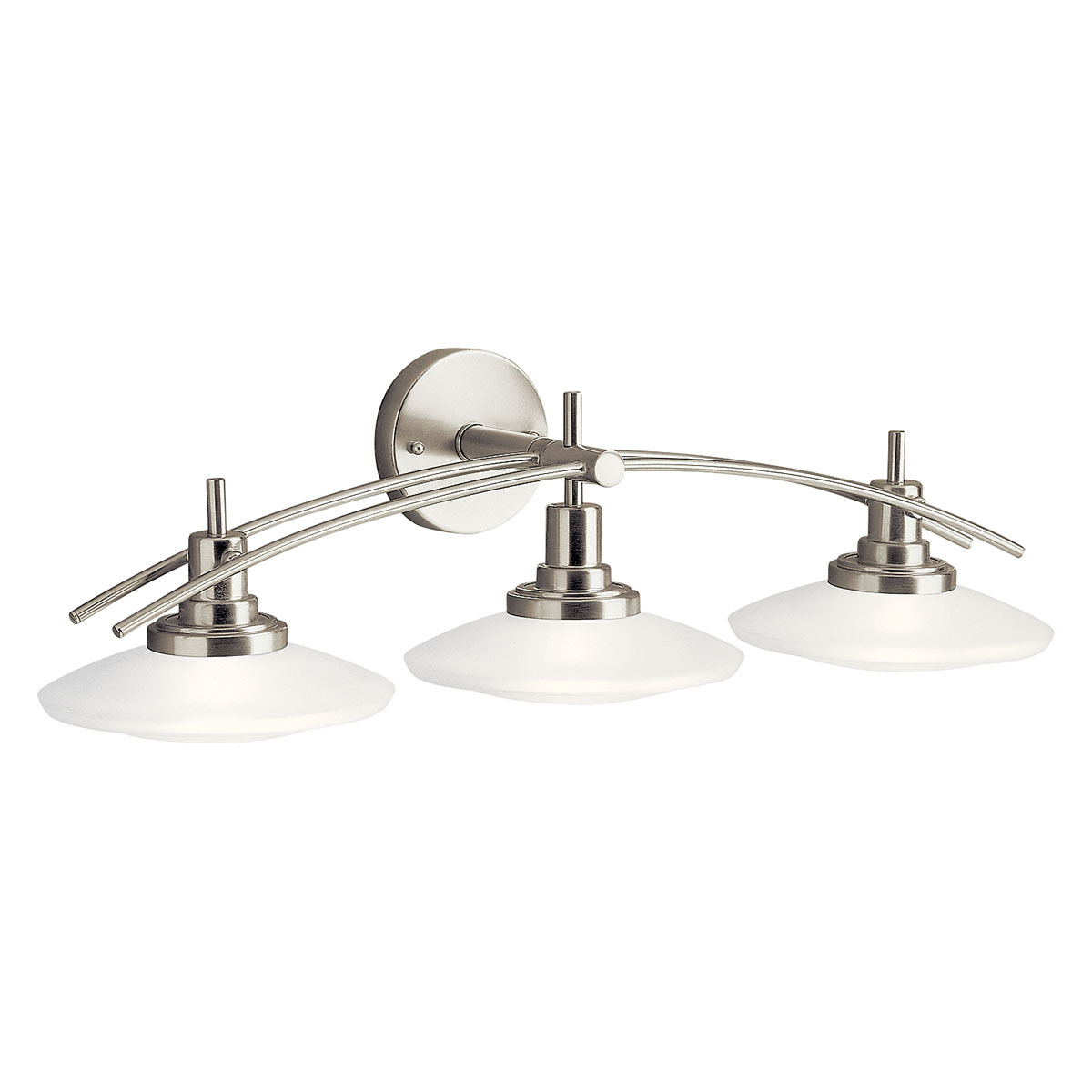 The Structures Collection proves that one style can take on numerous forms. Structures lighting employs universal shape to create modern, aesthetically pleasing lighting capable of unmatched versatility, forming a unique and eclectic style all its own. The Structures motif, along with our Brushed Nickel finish and satin-etched glass, gives a timeless, clean feel to the fixtures, capable of matching any decor. The Structures Collection is so versatile that it can even be used in the bathroom. This 3-light bath light measures approximately 30in. wide by 8in. high and uses 100-watt (max.) bulbs. It comes complete with T-3 or T-4 mini-can base and a tungsten halogen lamp included making it a wonderful buy for your bathroom.