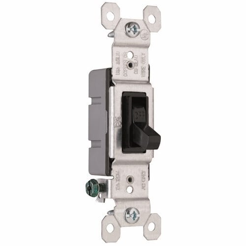 Single Pole Switch, Grounded Terminals, 15 amps, 120 volts, Black.