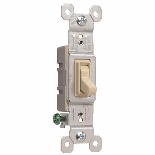 Single Pole Switch in ivory, withgrounded terminals, is made of a thermoplastic toggle and frame. It has a smooth, quiet toggle action. It is made with high-impact resistant construction. 15 amps, 120 volts. Available in bulk packs of 120. Add U to end of Catalog Number. Example: 660IGU