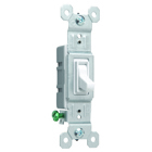 Smooth, quiet toggle action single pole switch with high-impact resistant construction and grounded terminals.It is athermoplastic toggle and frame.It has easy-access green hex head ground screw. 15 amps, 120 volts, White.