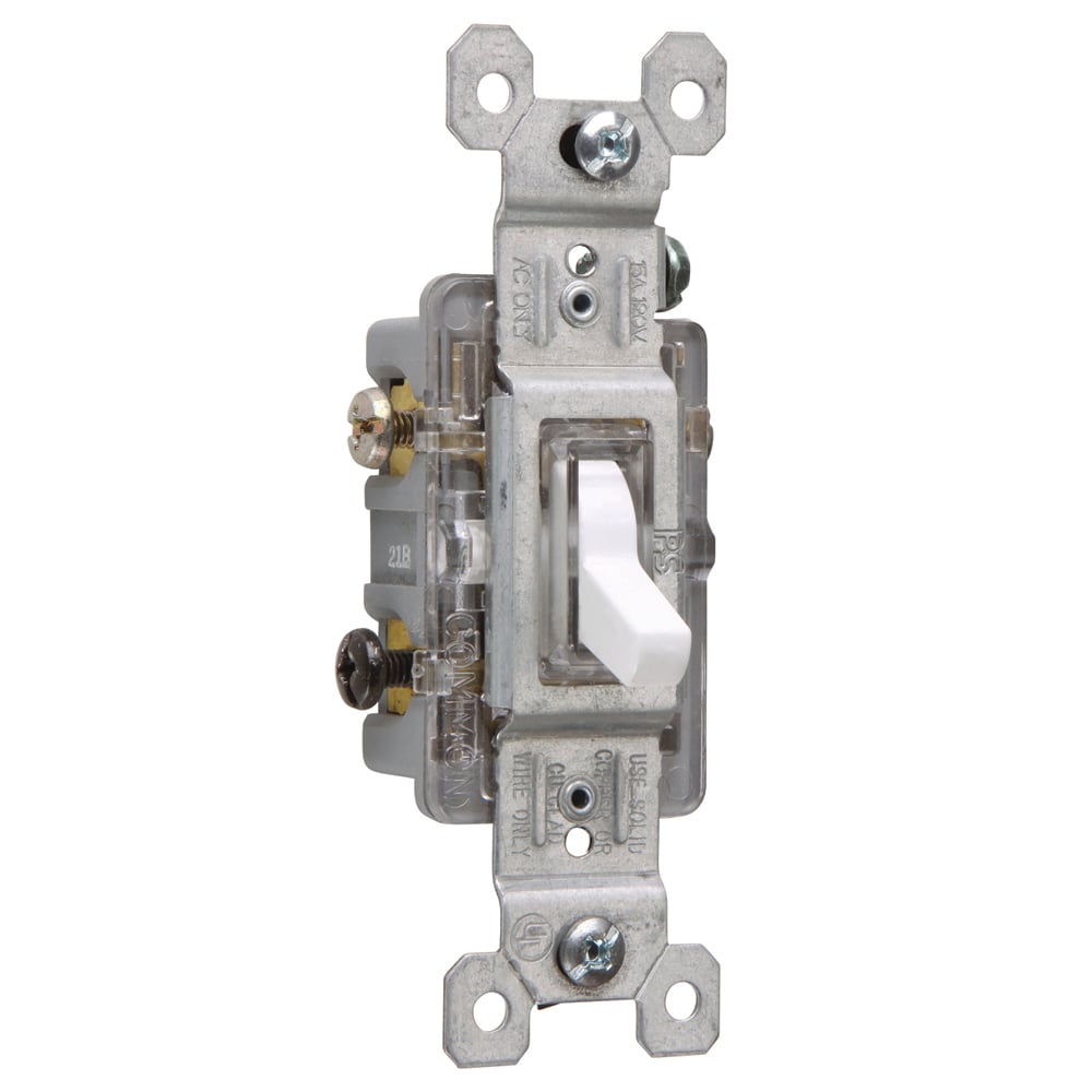 Three-Way Lighted Toggle Switch, 15 amps 120 volts, White.