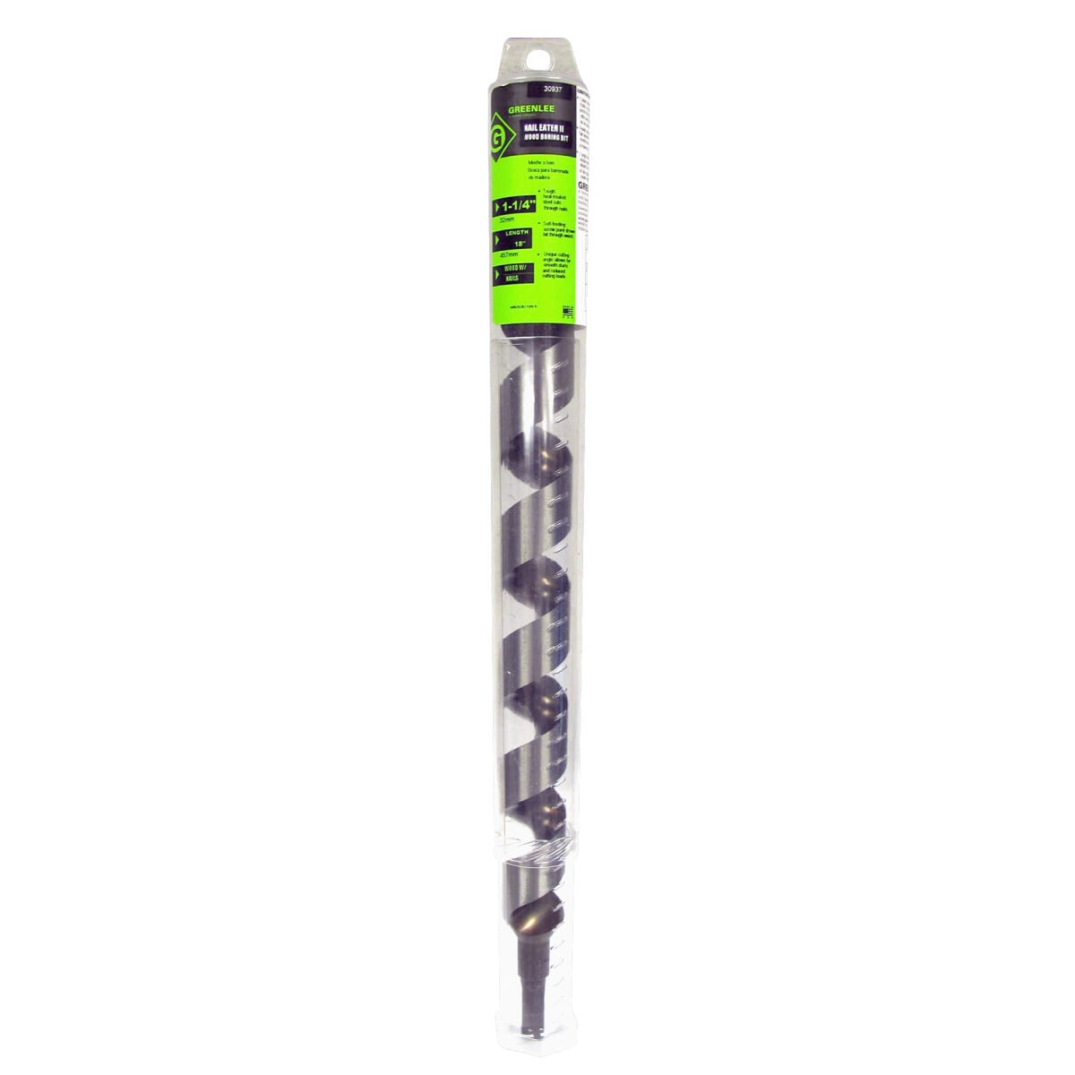 Nail Eater Extreme 1-1/4" (31.8 mm) hole diameter.  18" (457.2 mm)overall length.  Improved cutting edge provides 30 percent longer life span.  Patented new design for improved cutting and cleaner holes.  Self-feeding screw point draws bit through wood.  Unique patented design cutting angle - smoother starts, reduced cutting loads.  Made of super tough, heat-treated steel.  Cuts through nails and provides longer life.  Shorty bits - for working in tight places, yet still can go through three abutting 2 x 4s.