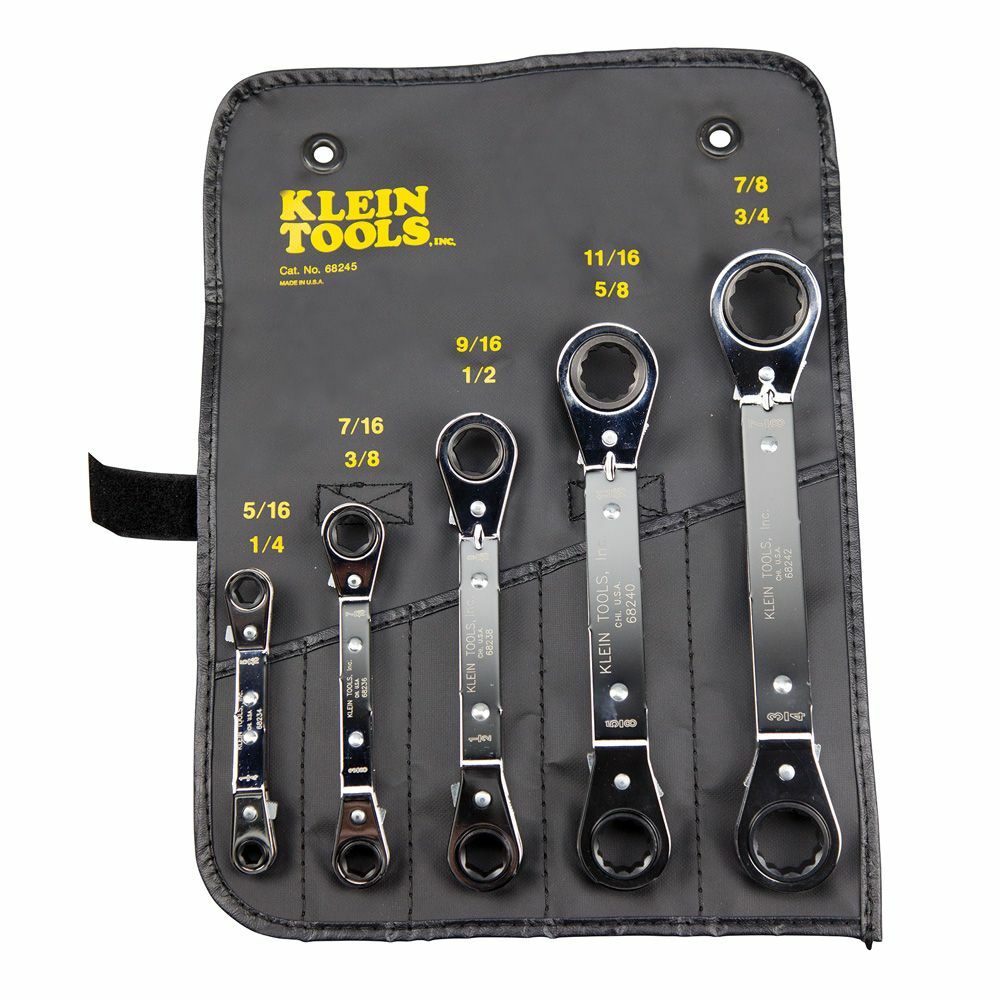 Reversible Ratcheting Box Wrench Set, 5-Piece, Set of offset reversible ratchet box wrenches in heavy plastic roll-up pouch