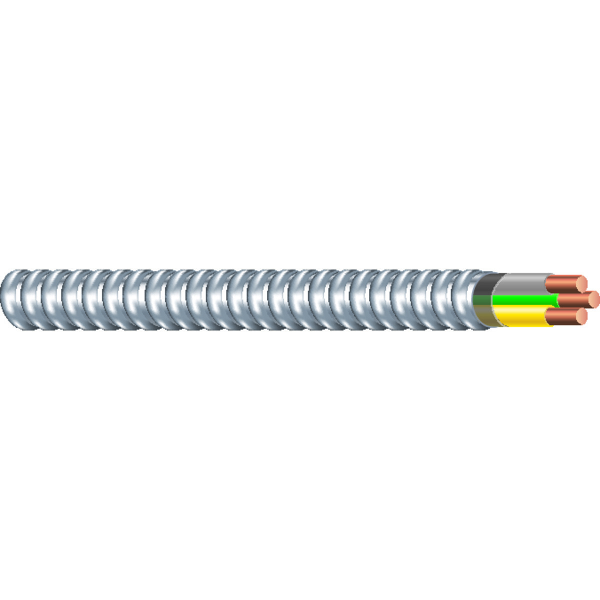 Southwire Armorlite Type MC Cable is constructed with soft-drawn copper  Type THHN/THWN-2 conductors rated 90C dry  and a bare copper grounding conductor for sizes 1/0 AWG and larger. The conductors are cabled together and a binder tape bearing the print legend is wrapped around the assembly. Aluminum interlocking armor is applied over the assembly. Also available in steel. Conductors are black with phase identification. Colors available upon request with economic order quantity.
