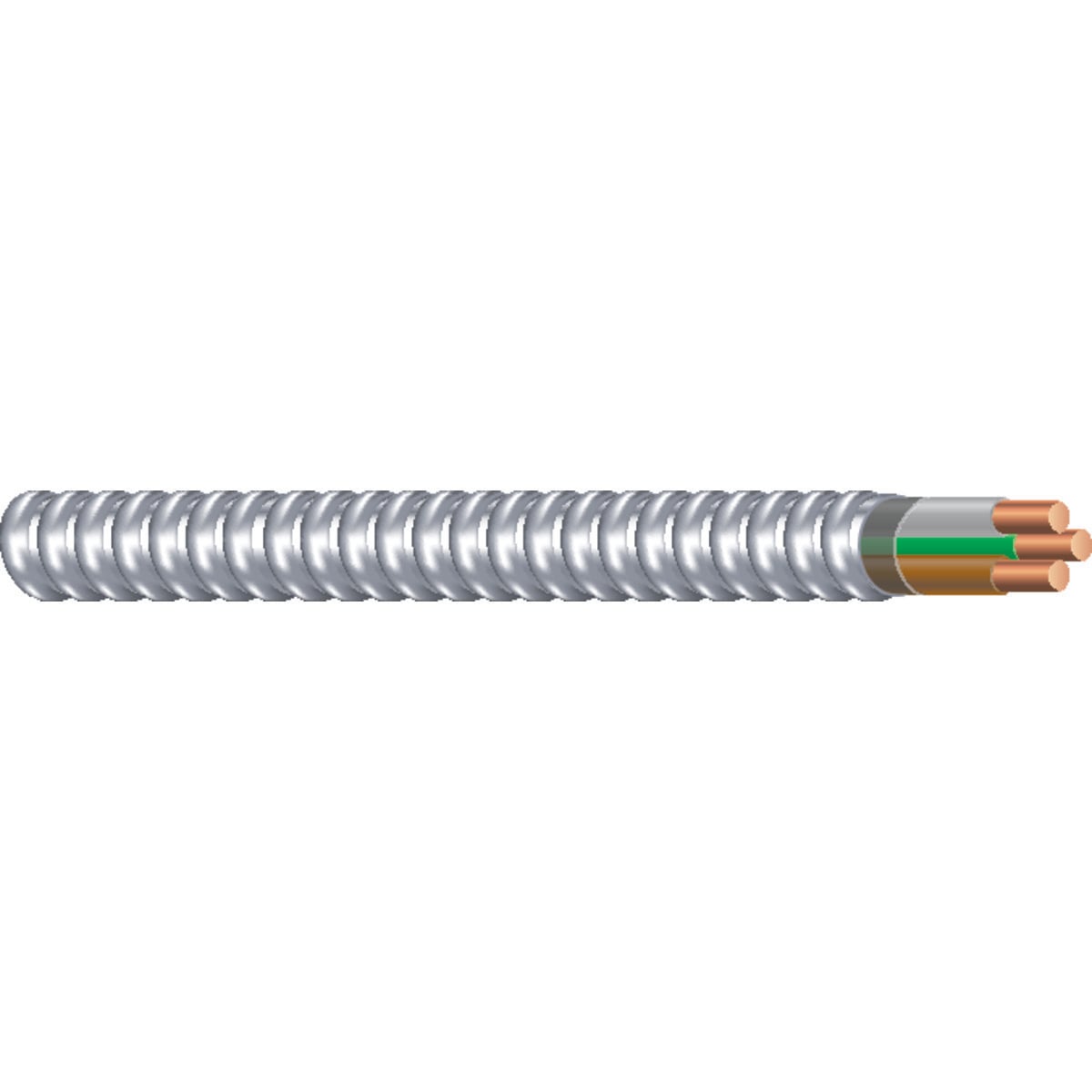 Southwire Armorlite Type MC Cable is constructed with soft-drawn copper  Type THHN/THWN-2 conductors rated 90C dry  and a bare copper grounding conductor for sizes 1/0 AWG and larger. The conductors are cabled together and a binder tape bearing the print legend is wrapped around the assembly. Aluminum interlocking armor is applied over the assembly. Also available in steel. Conductors are black with phase identification. Colors available upon request with economic order quantity.