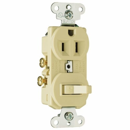 Single Pole Switch, Single Receptacle Combination Switch, 15 amps, 120/125 volts, Ivory.