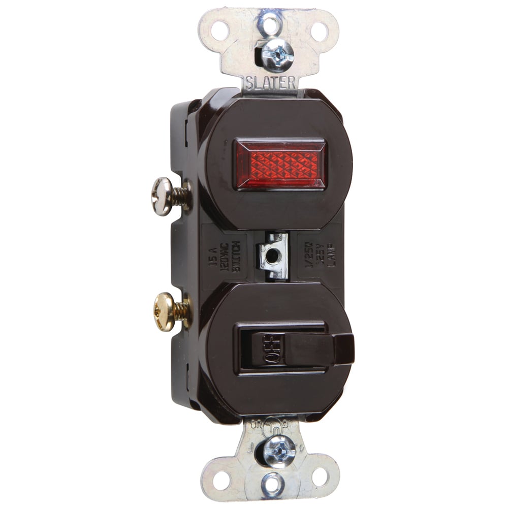 Single Pole, Single Pilot Light, Combination Switch, 15 amps, 120 volts, Brown.