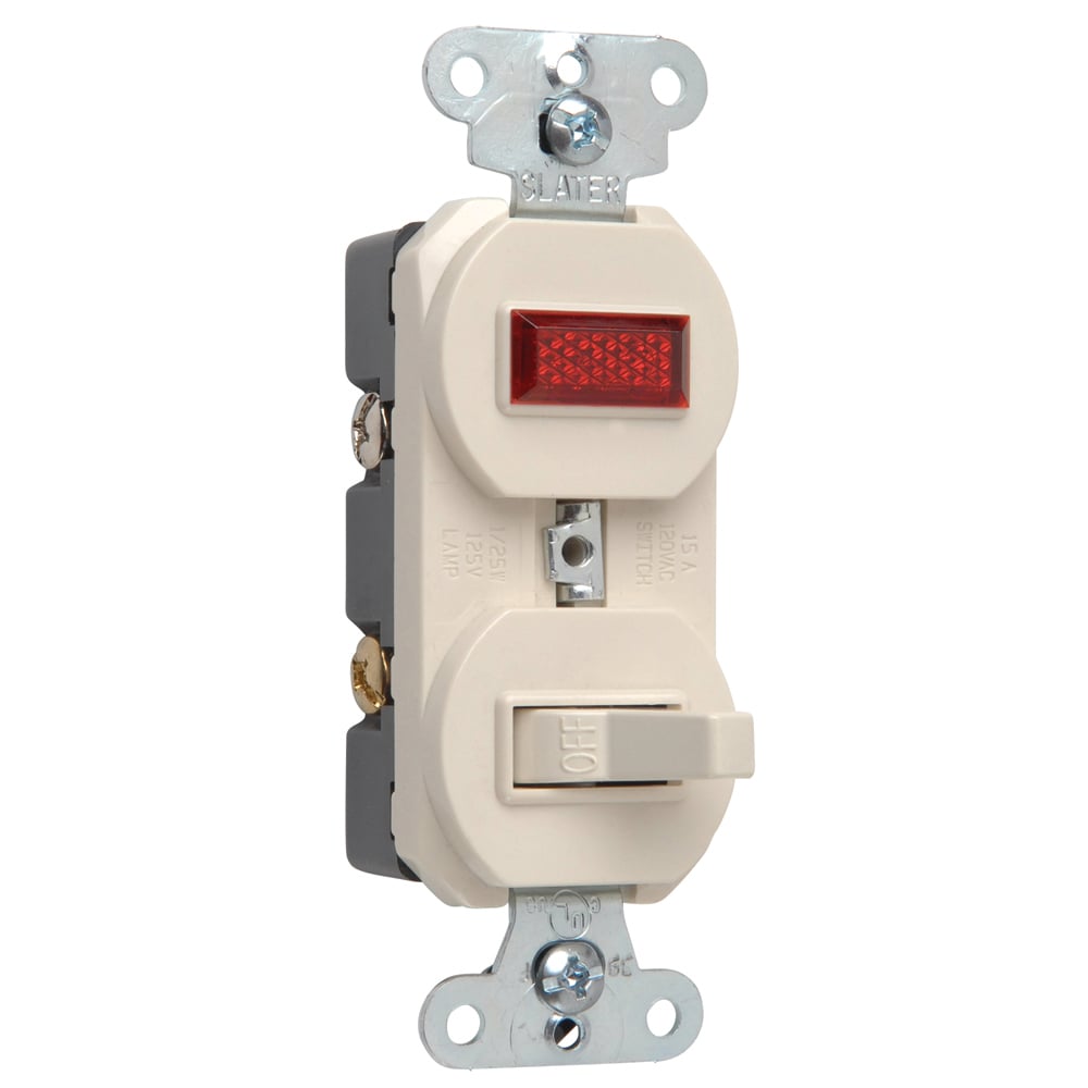 15 amps, 120 volts, Single Pole, Single Pilot Light, Combination Switch, Grounding, Light Almond.