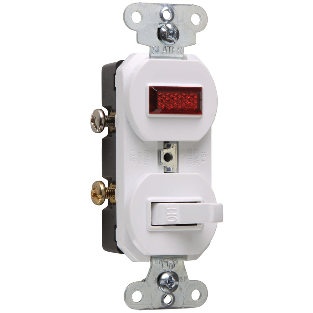 15 amps, 120 volts, Single Pole, Single Pilot light, Combination Switch, Grounding, White.